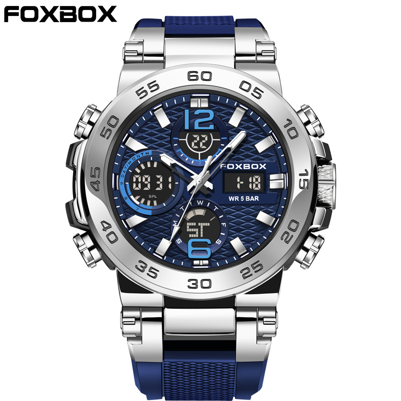 Foxbox 5 atm vattentät lcd-kvartsarmbandsur med dubbel skärm, multifunktionell elektronisk klocka för män, sportklockor i silikon, herrklockor