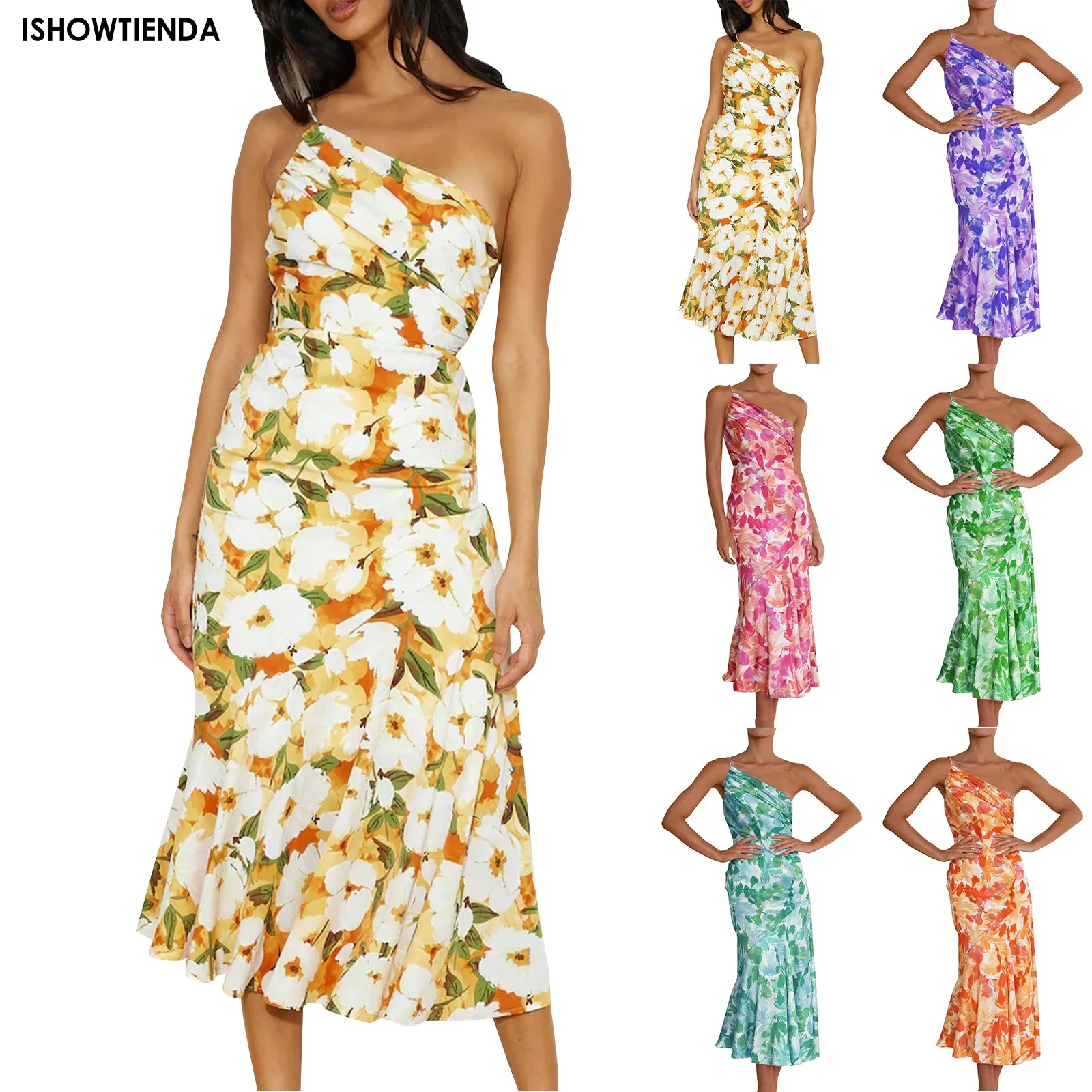 Stilvolles Fischschwanz kleid mit schrägem Hals riemen elegantes Kleid mit exquisiter Farbe und Blumenmuster