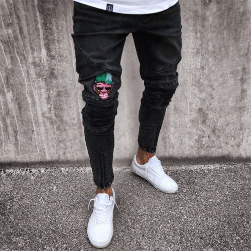 Skinny jeans herre rip slim fit stretch denim distress flosset biker ridset udhulet lange jeans drengezone