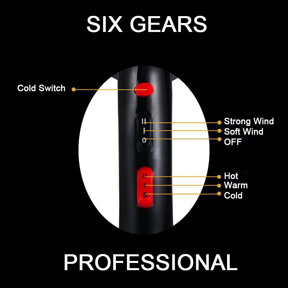 2200W Salon Compact Hair Dryer and Cold Strong Wind 6 Gears Dry Quickly Electric Blowdryer US Plug 1Nozzle
