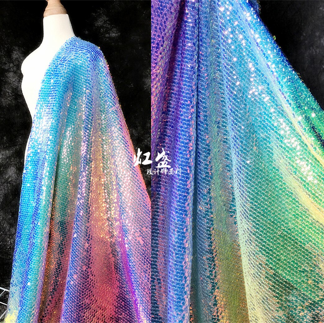 Colorful Rainbow Shiny Special Material Sequin Fish Scale Fabric Drape Dress Fabric 1 Yard