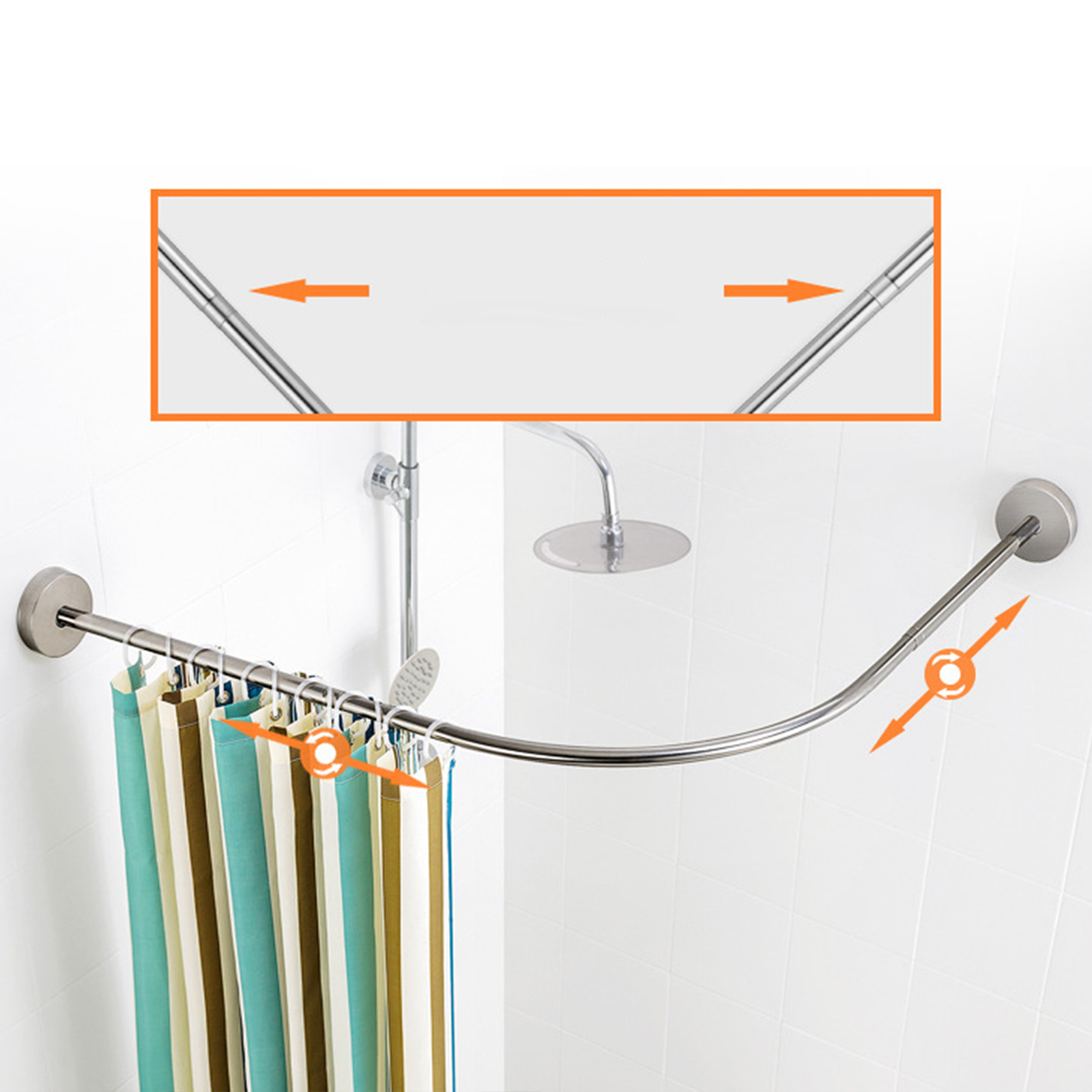 Bathroom Curved Shower Curtain Rod Without Punching l-Shaped Semi-u-Shaped Telescopic Shower Rod Stainless Steel Fan-shaped Rod