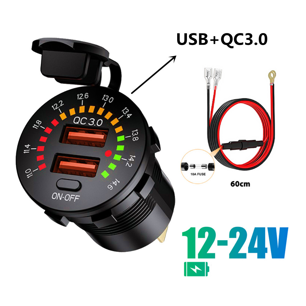 Cargador de coche USB Dual QC 3,0, 36W, 12V, 24V, salida PD impermeable, carga rápida con voltímetro LED, interruptor de encendido y apagado, accesorios para coche: Rojo