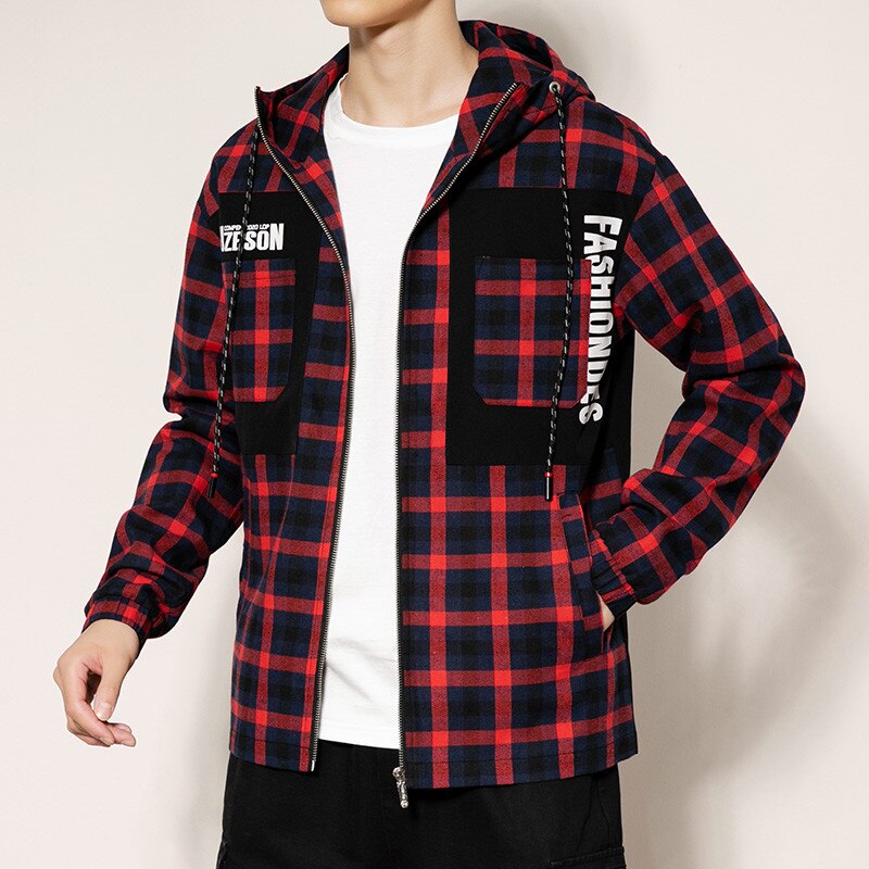 Riinr lente en herfst heren geruite ritsjas met capuchon, kort model, jeugd all-match, casual jas met tooling pocket, m -3xl: Rood / Xl