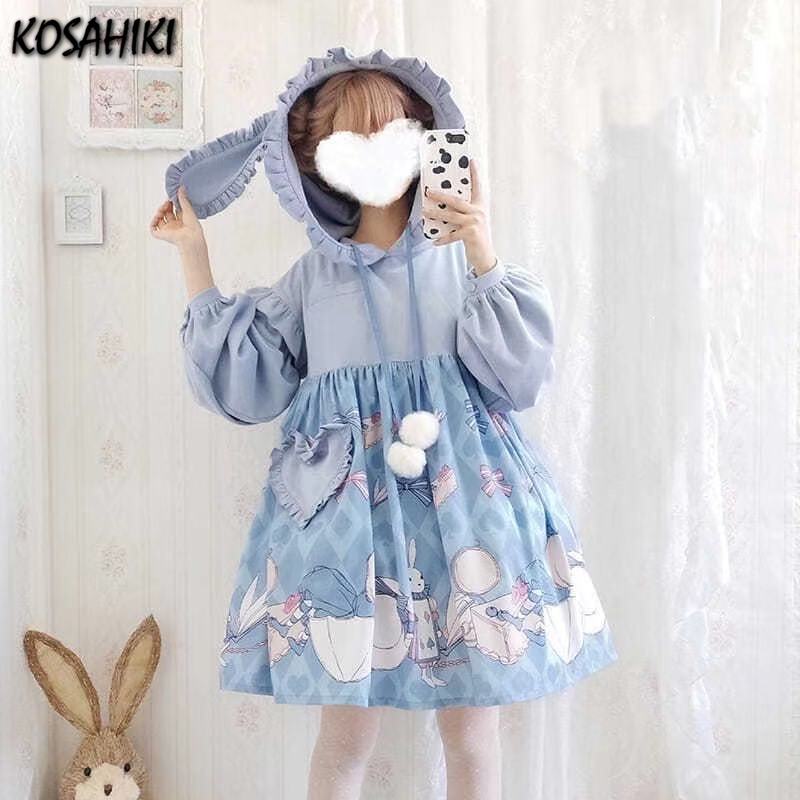 Kosahiki outono japonês kawaii menina doce lolita vestido bonito bowknot orelhas de coelho gótico loli cosplay vestidos 2025 robe oversize