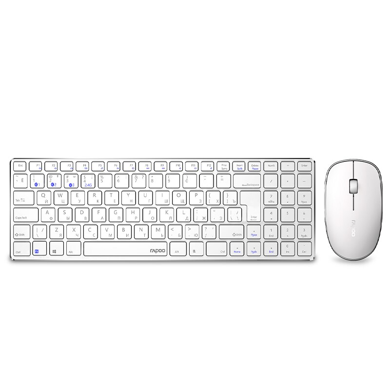 Rapoo 9300M Multi-mode Stille Bluetooth Draadloze Toetsenbord Muis Combo Slanke Toetsenbord Optische Muis Set Engels/Russisch toetsenbord: Russian Layout White