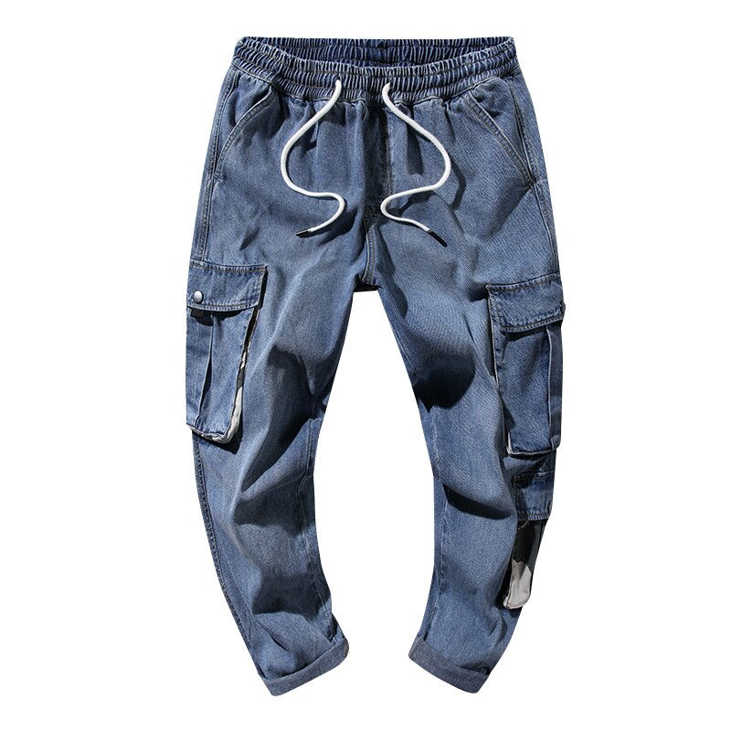 pantalones vaqueros Cargo para hombre Pantalones vaqueros azules holgados bolsillos laterales vaqueros para motociclistas pantalones vaqueros Hip Hop hasta el tobillo para hombre Pantalones para correr