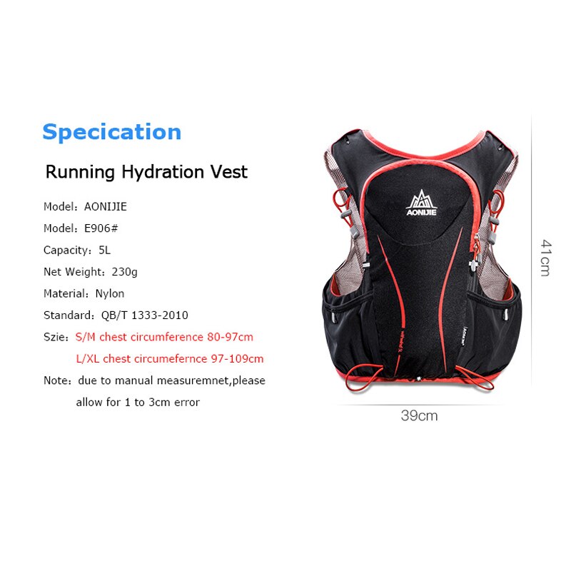 AONIJIE-Paquete de hidratación E906, mochila, chaleco, arnés, vejiga de agua, senderismo, Camping, correr, Maratón, deportes, 5L