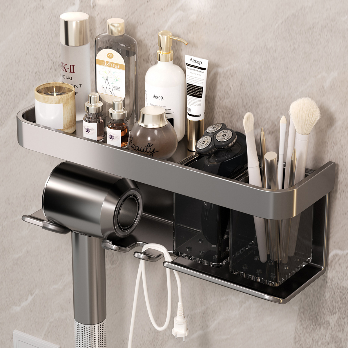 Liga de alumínio Suporte para secador de cabelo Organizador de armazenamento de banheiro Prateleira de parede para banheiro Sem perfuração Berço do secador: Branco