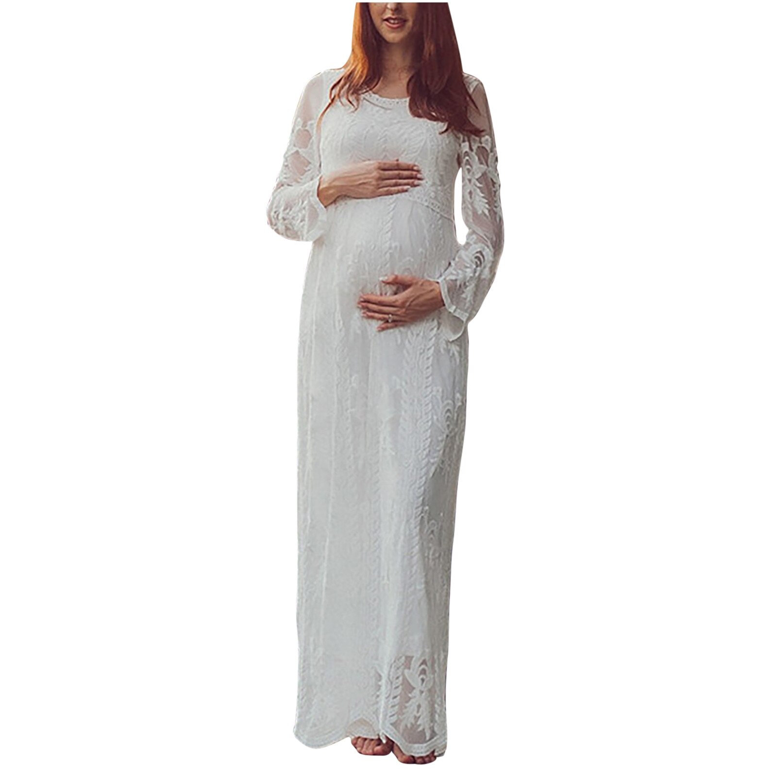 Vrouwen Pregnants Elegante Kant Fotografie Rekwisieten Lange Mouw Moederschap Jurk Effen Elegante Lente Jurk Платье Для Беременных: Default Title