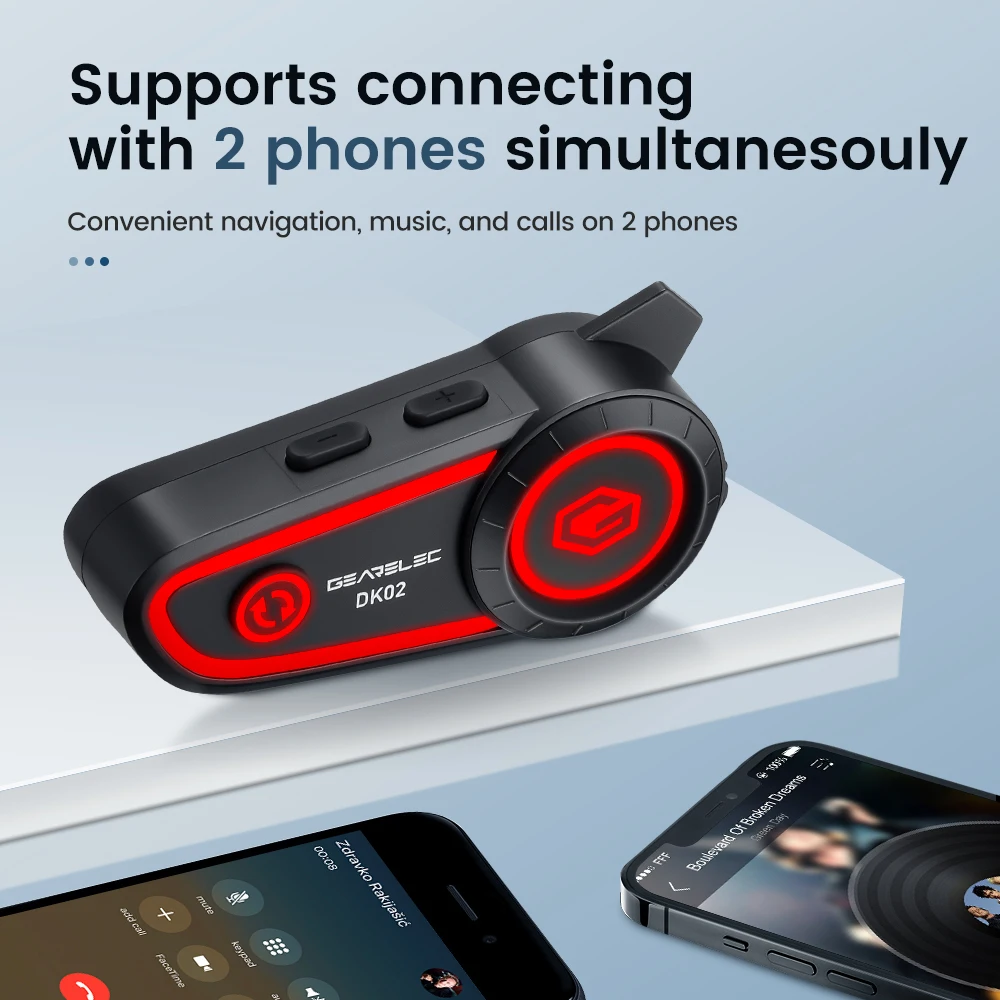 GEARELEC DK02 auriculares para casco de motocicleta auriculares estéreo Bluetooth IPX7 impermeable 2800mAh batería luz ambiental tricolor