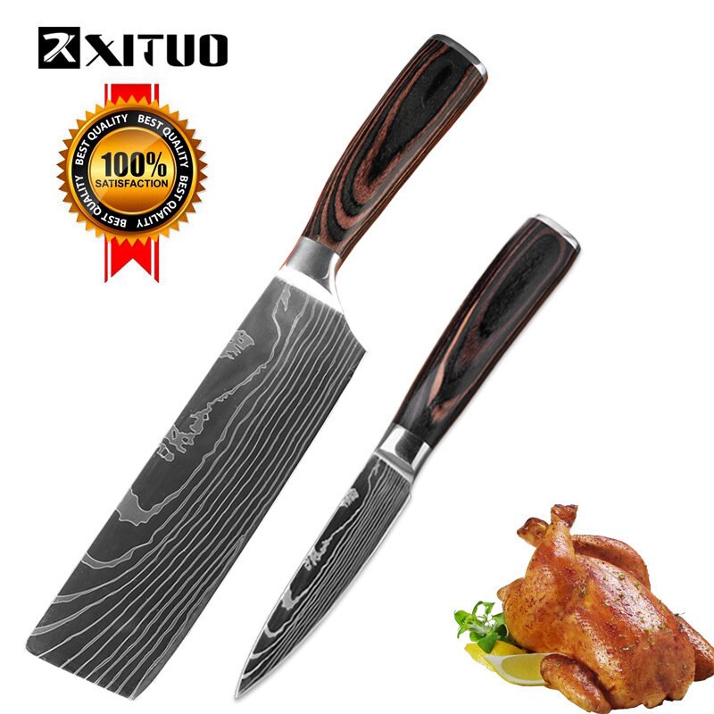 XITUO Kitchen Knife Japanese Paring Utility Santoku Chef Slicing Bread Stainless Steel Anti-stick Knives Kitchen Tool Accessorie: 2PCS-1