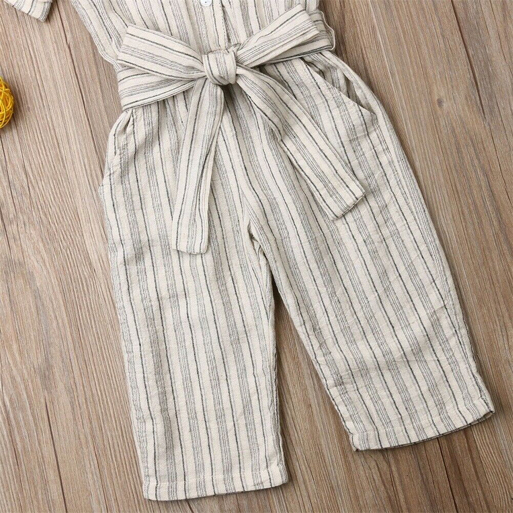 2-7Y Summer Baby Kids Child Girl Stripe Romper Short Sleeve Single Breasted Jumpsuit Clothes Outfit One-Piece