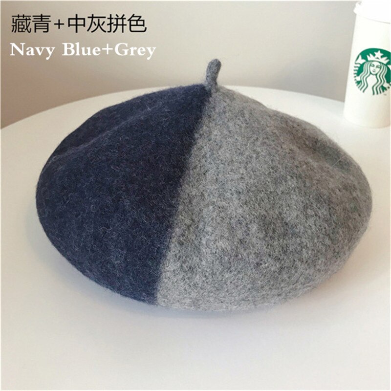 Zimowy ciepły urok kolor szwów czysta wełna kobiety beret francuski czapka typu czapka bez daszka czapka dla kobiet retro "dzika moda" akcesoria gify: marynarka wojenna niebieski-szary