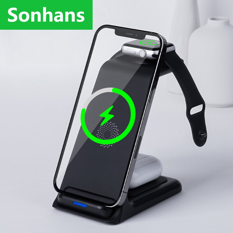 3 in ladestation mit qi-schnellladefunktion für iphone 13, 12, 11 xs, xr ,  x 8 , apple watch 7 , 6 5 4, 1 pro und iwatch