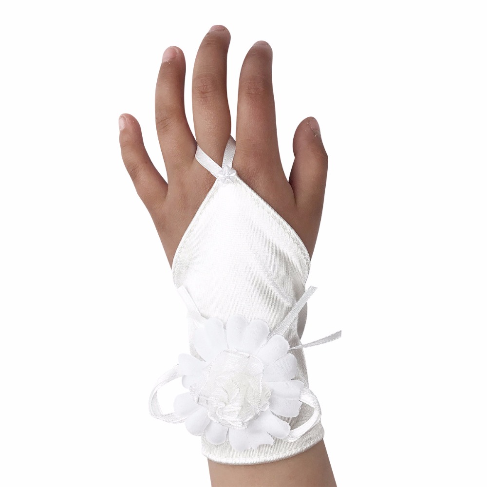 Meninas branco fingerless cetim pérola acentuado comunhão flor menina luvas comunhão santa noite traje festa ocasião especial