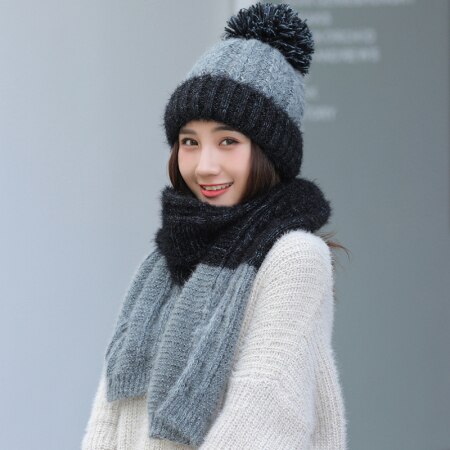 Ht2687 dames winter muts sjaal set dikke warme dames winter accessoires dames gebreide muts en sjaal dames mutsen dames winter set: Grijs