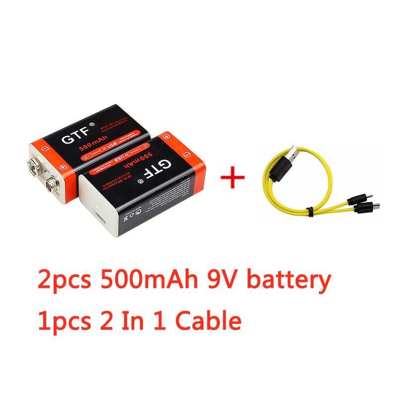 9V 500mAh li-ion Rechargeable battery Micro USB Batteries 9 v lithium for Multimeter Microphone Toy Remote Control KTV use: 2pc 500 and cable