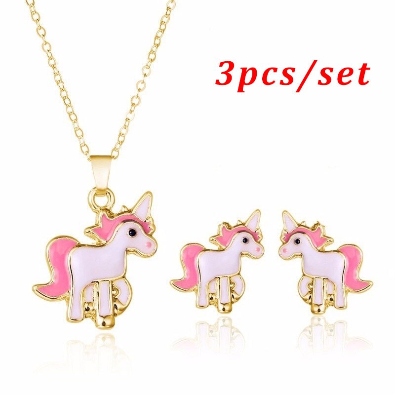 4 stks/set Paarse Ketting Oorbellen Cartoon Eenhoorn Ketting Oorbel Sieraden Meisjes Sieraden Oorbel en Ketting Set: 6