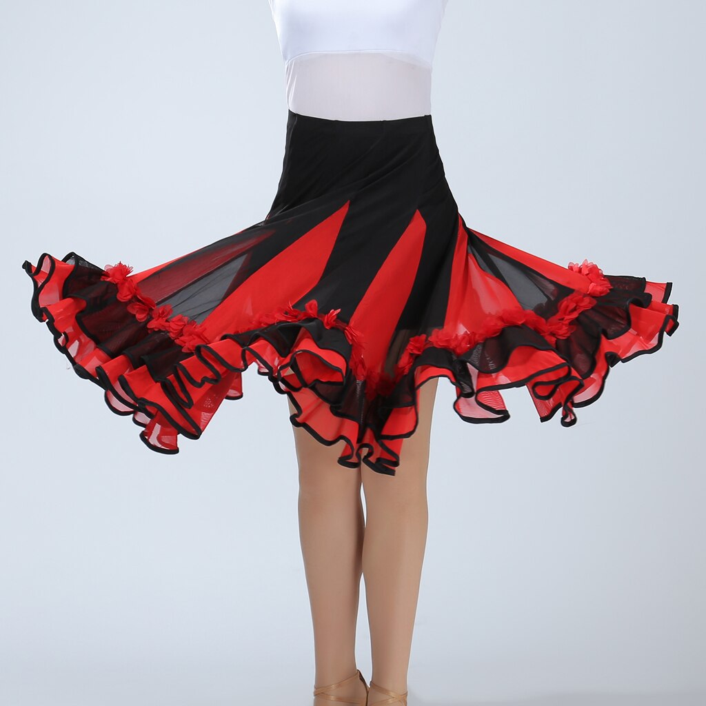 Falda de baile larga con vuelo suave para fiestas de vals estándar Flamenco para salón de baile para mujer: Rojo