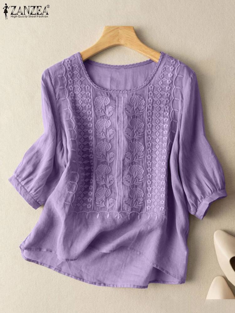 ZANZEA Summer Eleagnt Shirts Women O Neck Floral Embroidery Blouse 3/4 Sleeve Work Tops Causal Loose Cotton Blusas Femme Tunic: 4XL / PURPLE