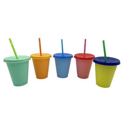 Color Changing Cold Drink Cups Reusable Temperature-Sensitive Plastic Colorful Coffee Cup with Lids and Straws: 480ml 5pcs