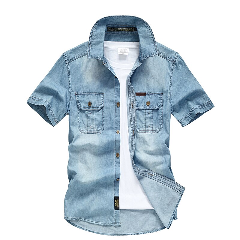 Uaicestar Zomer 100% Katoen Denim Korte Mouwen Heren Casual Slim Shirts Mannen shirts