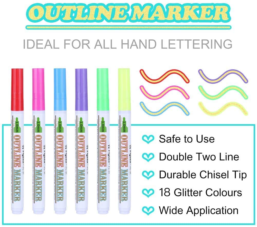 Double Line Outline Pens Doodle Outline Markers Pens Highlighter for Art, Drawing, Greeting Cards, Craft Projects, Posters