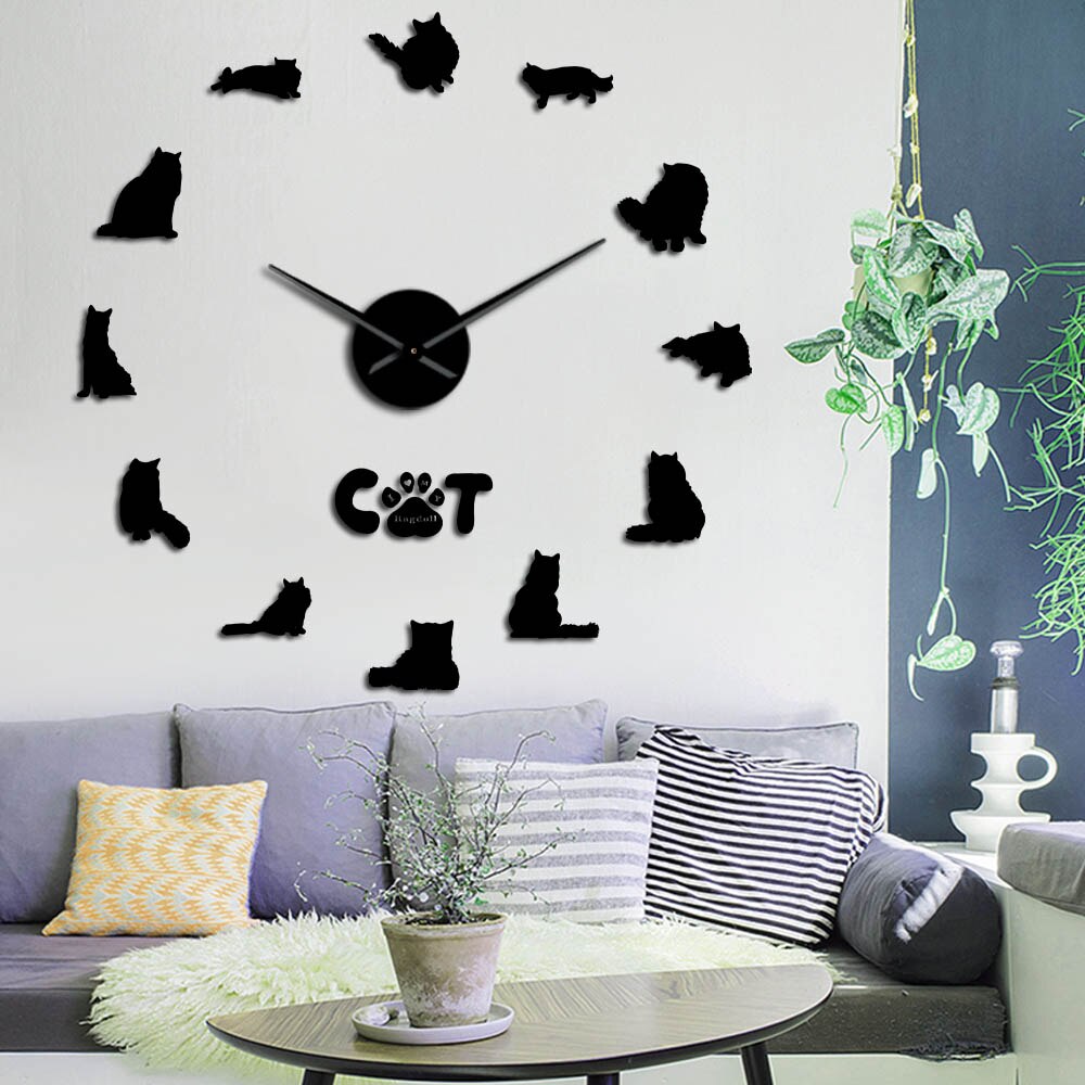 Ragdoll Cat DIY Large Size Mirror Effect Wall Clock Cat Breeds Kitten Cat Paw Stickers DIY Wall Art Frameless Giant Wall Clock