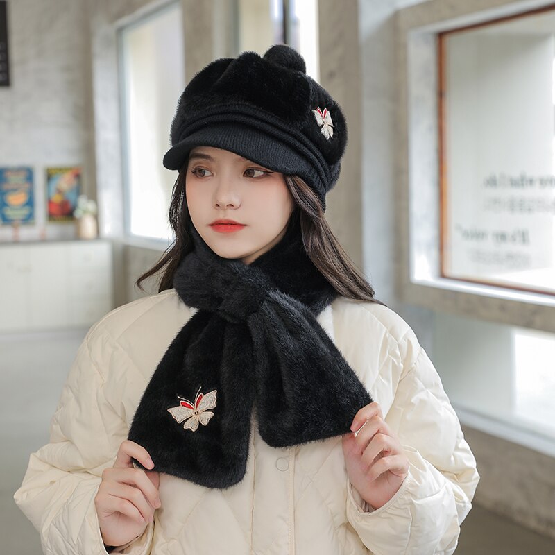 Chapeau octogonal en laine de pour adulte, couvre-chef femme papillon avec couvre-cou, deux pièces, neige, pour l&#39;extérieur, hiver 100%