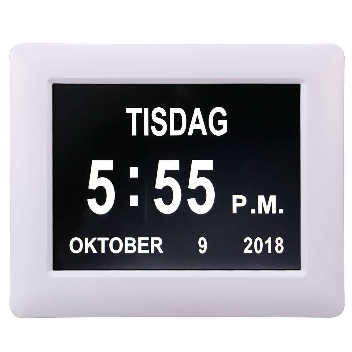 7 tommer led demens digital kalender dag/uge/måned/år urstativ fotoramme stort vægur kalenderalarm dag/nattilstand: Hvid