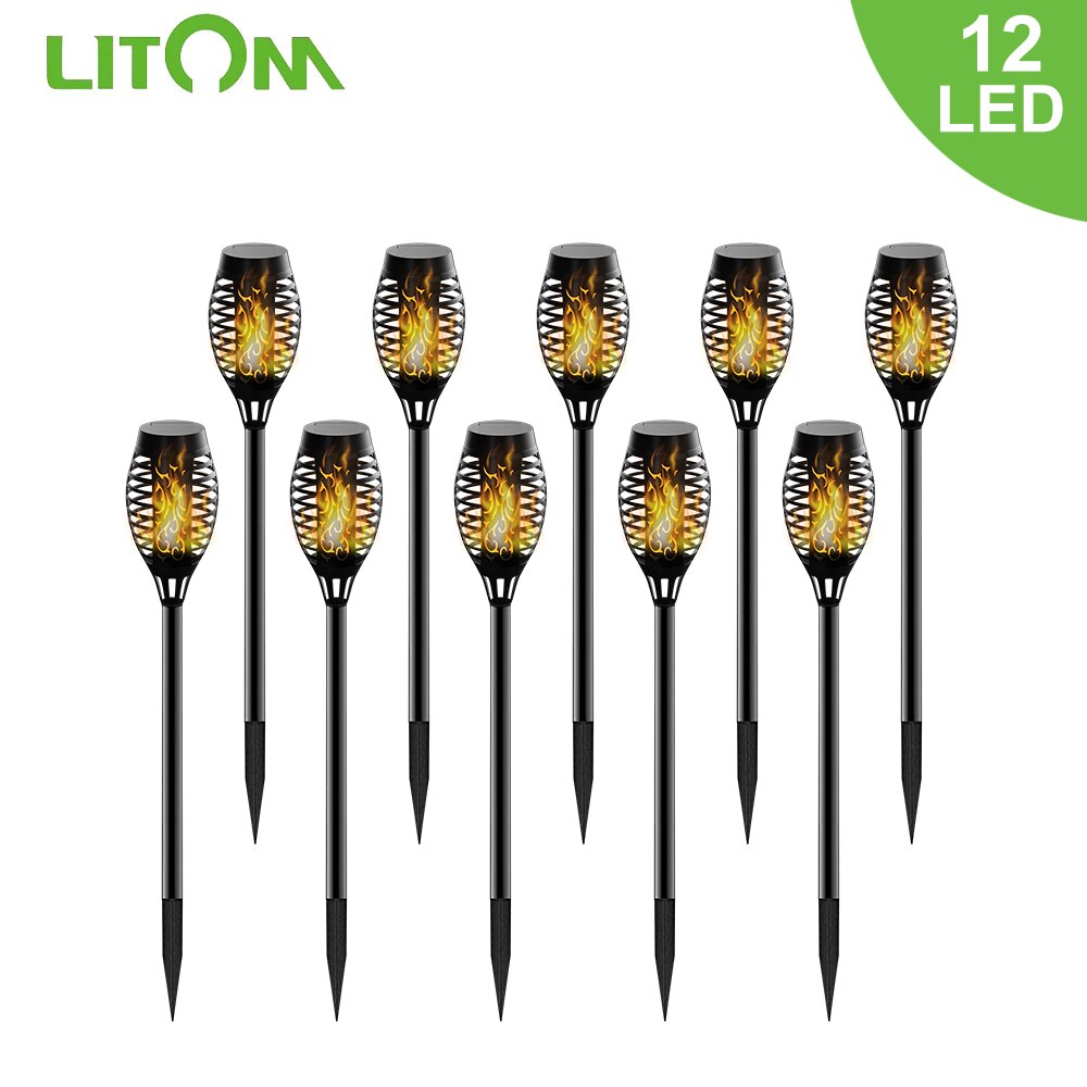 LITOM 12 LED Outdoor Solar Path Torches Lights IP65 Waterproof Dancing Flame Garden Lights Landscape Decoration for Patio Garden