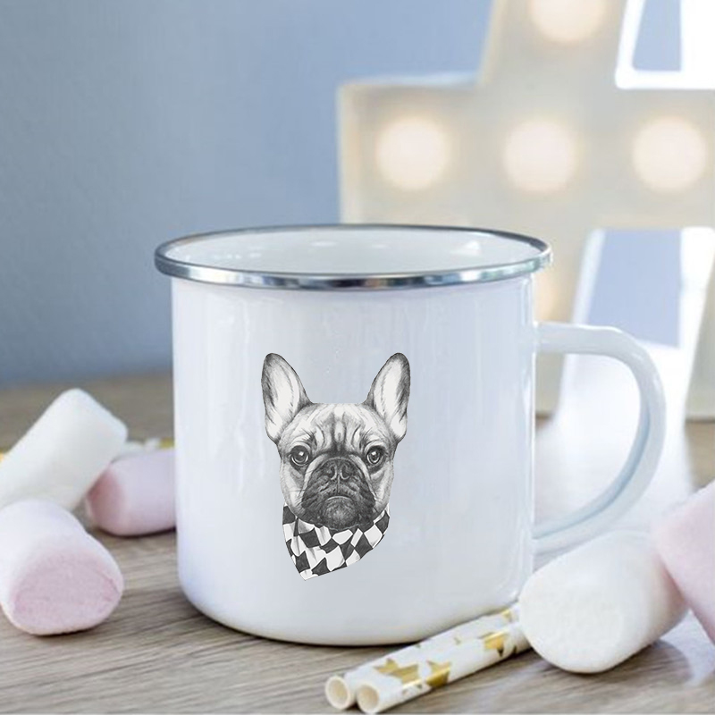 Taza de esmalte con estampado de Bulldog Francés, tazas creativas de café, bebidas, postres, desayuno, leche, tazas Vintage con asa, los mejores: XH520-A015WH-8
