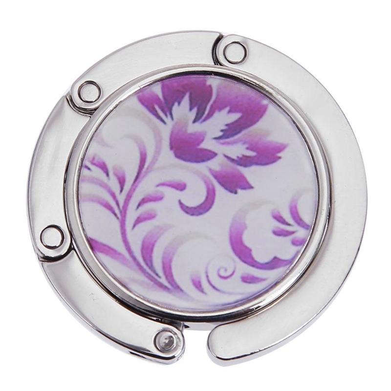 Gancho Metálico Redondo y Plegable para Colgar en la Mesa, 1 Unidad, Soporte con Dibujo de Flores y Aleación de Cristal, Colgador en Suspensión Portátil para un Objeto o para Bolso de Mano: F