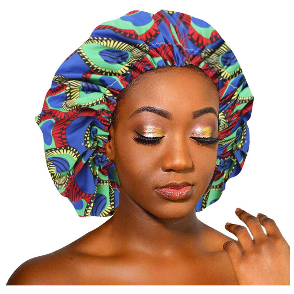 African Pattern Ankara Print Bonnet Women Night Sleep Cap Satin Lining Soft Extra Large Head Wear Ladies Headwrap Hair Care Hat: Blue