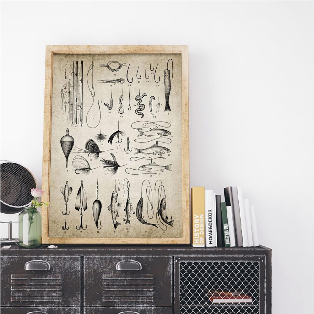Fishing Lure Illustration Painting Fishing Poster Rod Hooks Wall Art Vintage Poster Angling Poster Kraft paper