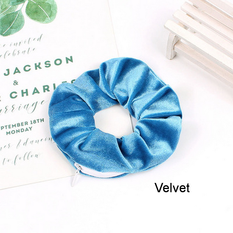 Women Satin Zip Scrunchies Elastic Velvet Hairbands Leopard Crunchy Hair Ties Pocket Scrunchie Holder With Zipper Headwear: PEACOCK BLUE