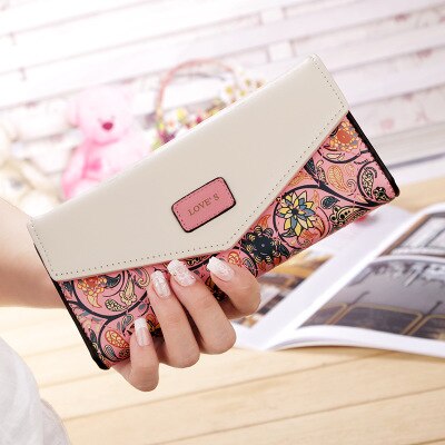 Envelope Women Wallet Hit Color 3Fold Flowers Printing PU Leather Wallet Long Ladies Clutch Coin Phone Purse: Pink