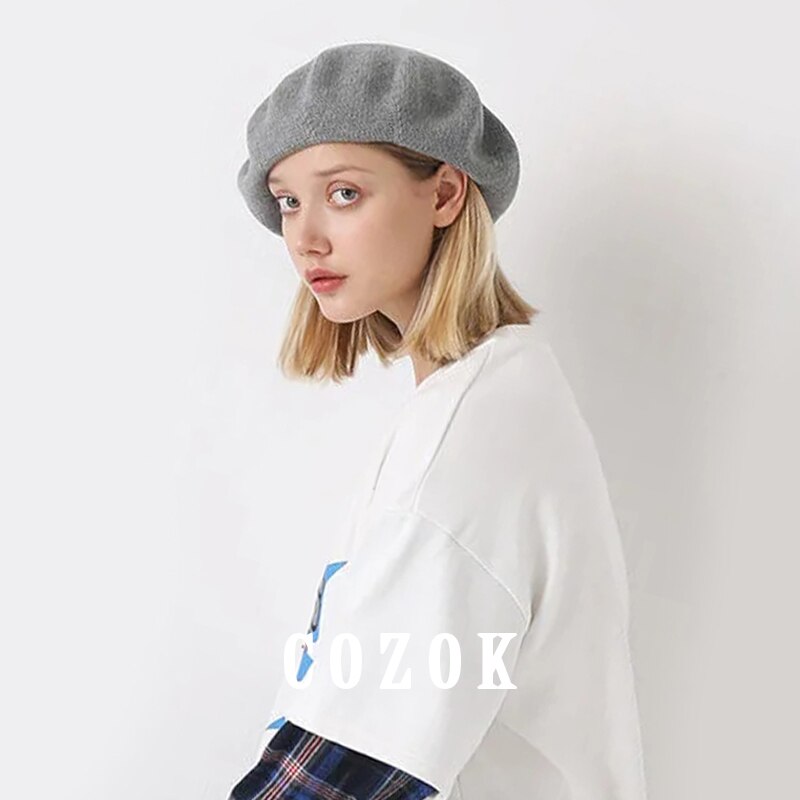 Boinas de punto para mujer, boina a la , suave, Flexible, sólido, cálido, Vintage, para invierno: Gris