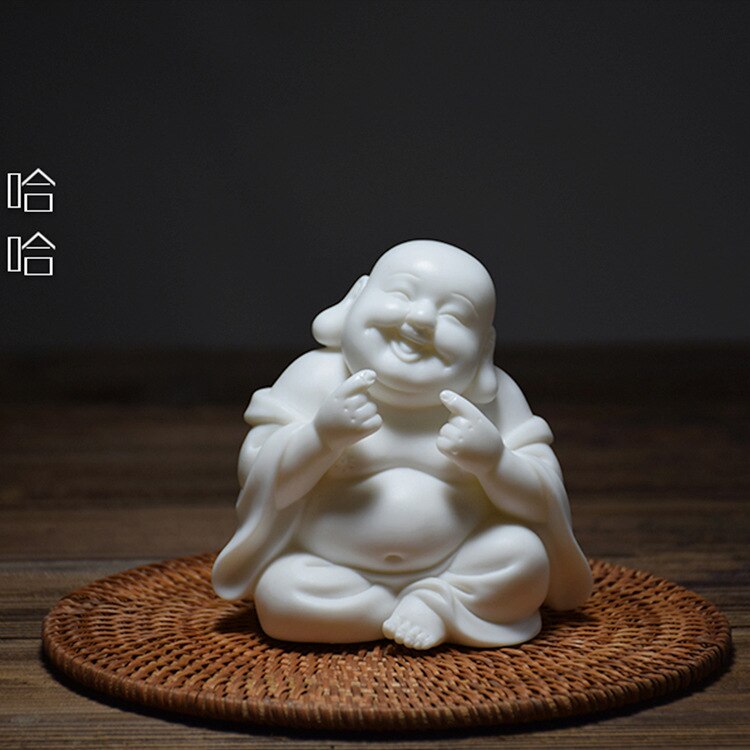 Skrattande buddha keramik maitreya buddha staty, vit porslin modern konst skulptur buddha, heminredning lycklig liten munk: 2