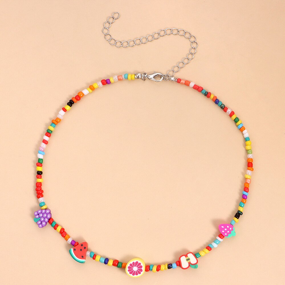 Colliers d'été en perles de fruits multicolores, faits à la main, ethniques, pastèque, ras du cou pour femmes, mignon Kawaii