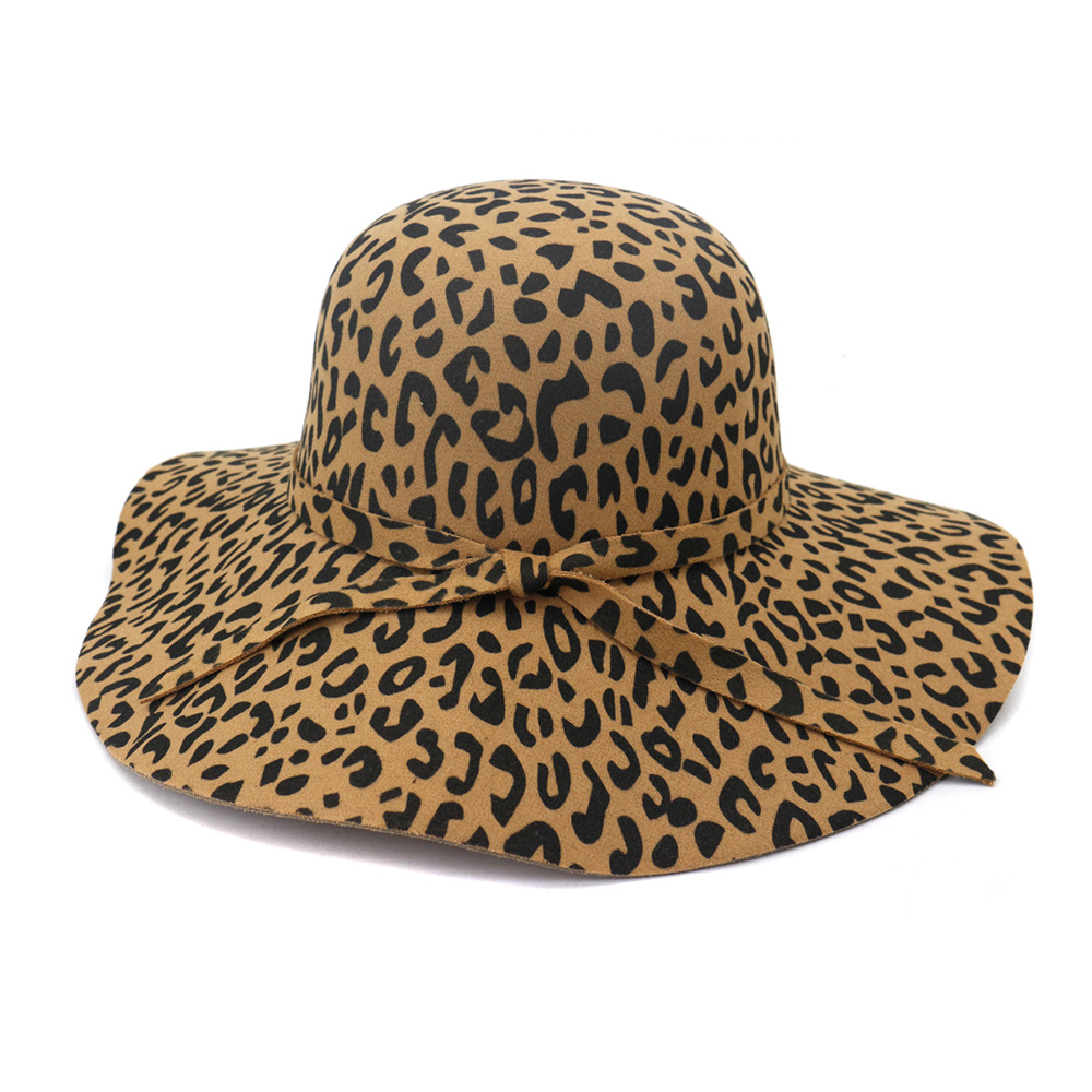Stor brätte leopardmönstrad filt kupolhatt dam fedora hattar fascinators hatt för kvinnor diskettmössa solskydd chapeau: Kamel