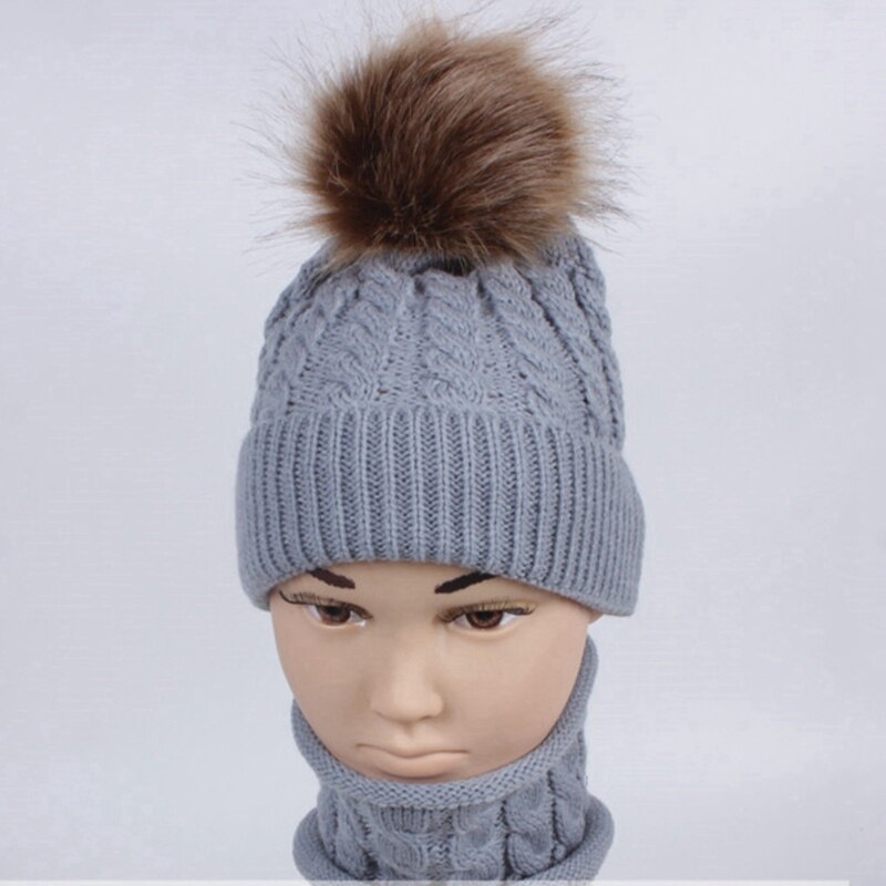 WZCX Kind Pompom Muts Sjaal Vrouwen Set Warm Houden Effen Kleur Casual Breien Dikker Baby Beanie Ski Cap