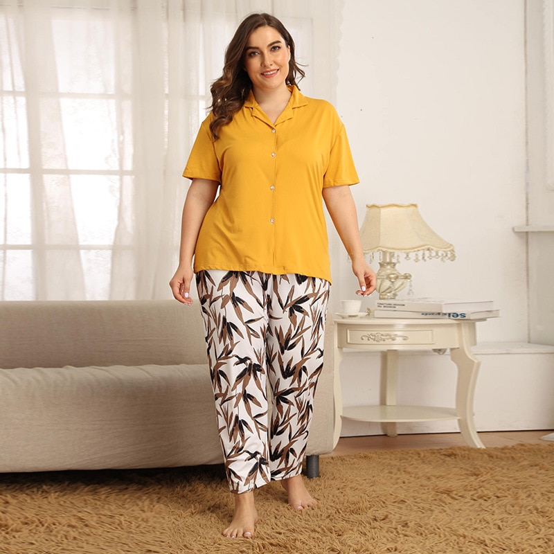 Large size pajamas summer solid color comfortable Lapel short sleeve casual large size home clothes for women