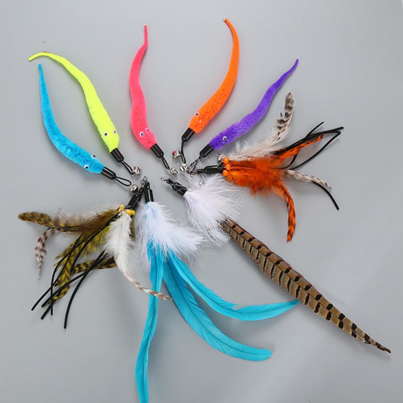 Cat Interactive Toy Stick Feather Wand With Mouse Cage Toys Plastic Artificial Colorful Cat Toy Supplies Replacement Head