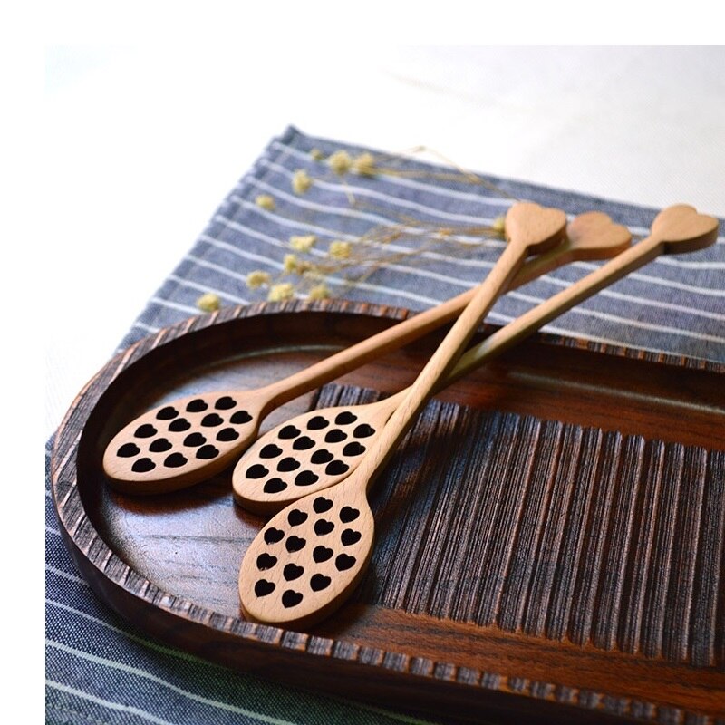 1pc Wood Honey Dipper Sever Mixing Stick Spoon Honeycomb Heart Pattern