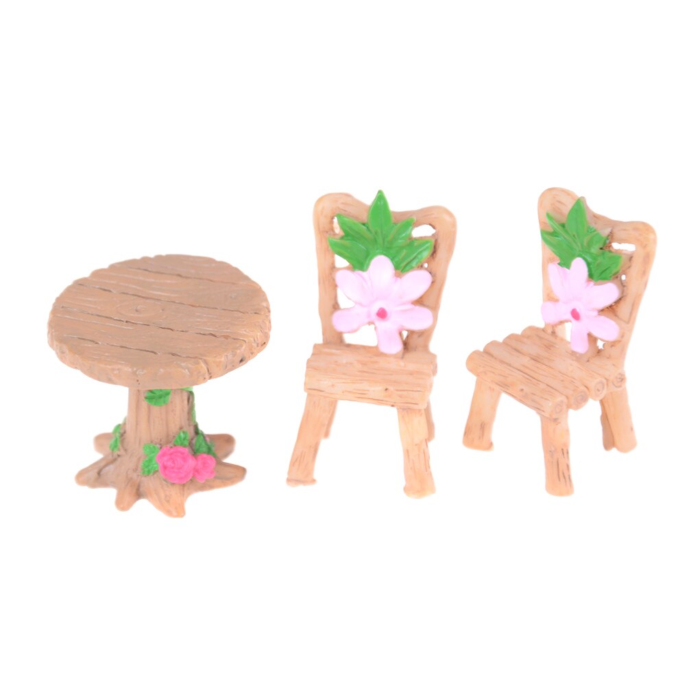 3 Stks/set Poppenhuis Decor Tafel En Stoel Fairy Garden Miniaturen Hars Hout Mini Bloem Terrarium Beeldjes Woonaccessoires