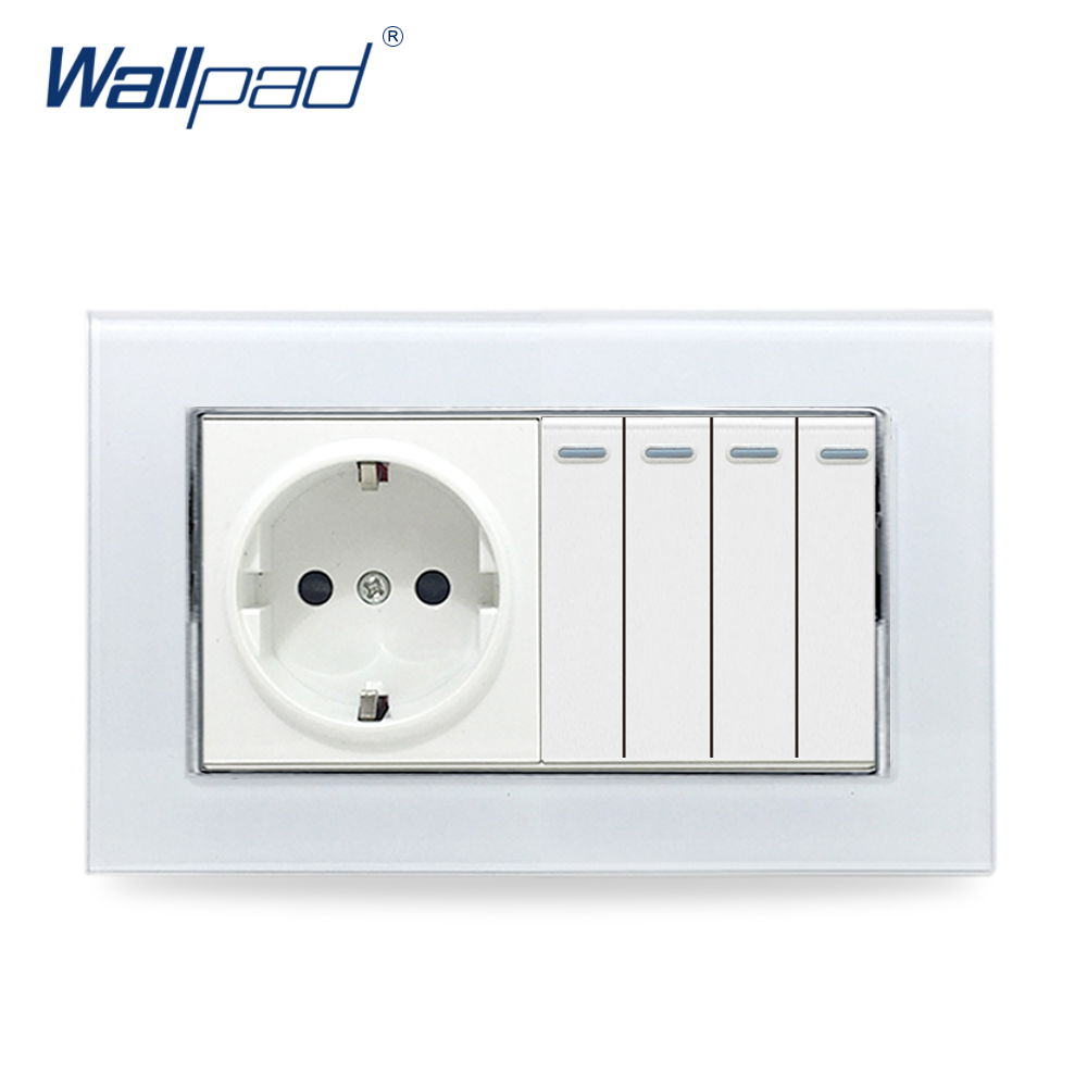 4 Gang Switch and EU Socket Wallpad Glass Panel 110V-250V 146*86mm Wall Socket with 4 Gangs 2 Way Push Button Rocker Wall Switch: Silver Decoration