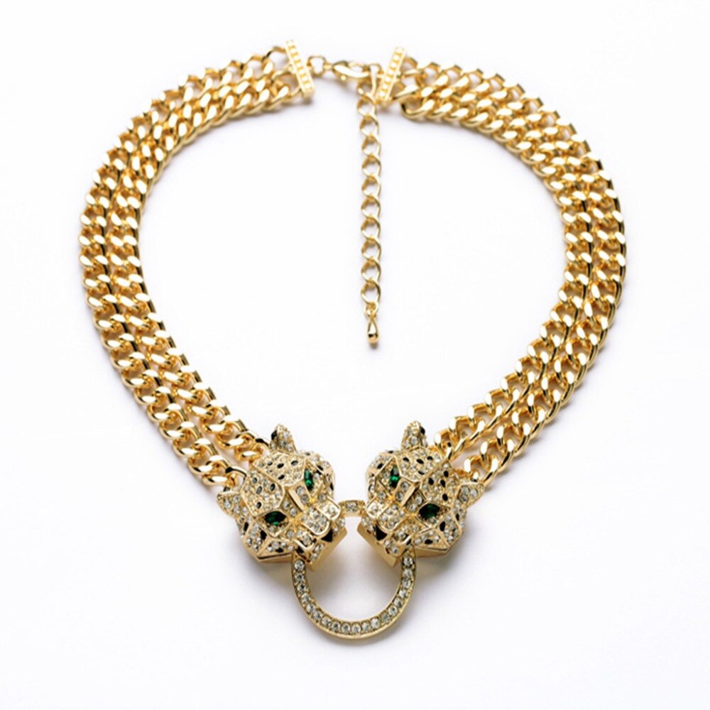 Smykker krystal indstilling chokers halskæde dobbelt lag kæde leopard hoved vedhæng halskæde kvinder: Default Title