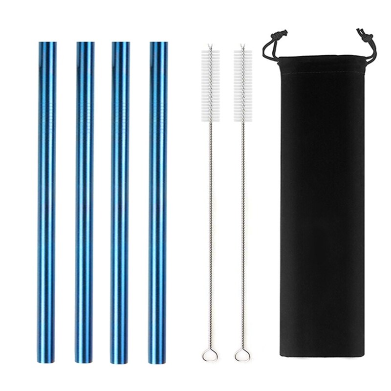 Large 12mm Bubble Tea Milkshake Straw Reusable Metal Straw 304 Stainless Steel Drinking Straws Set Bar Boba Straight Straw Tubes: Blue 7pcs set